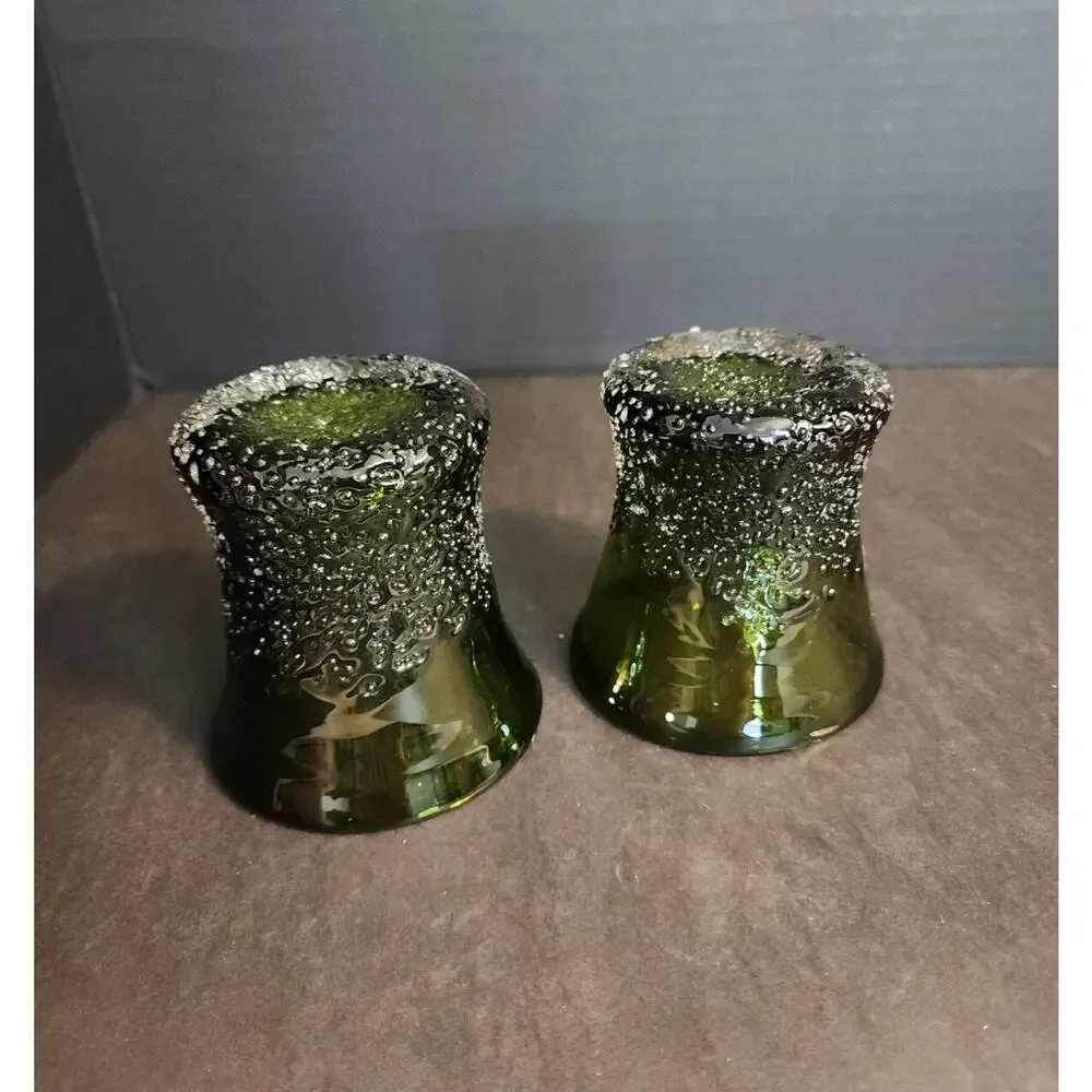 Hand Blow Art Glass Frit Overshot Green 2 Votive Candle Holders, Vases, Juice